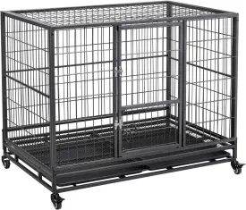 Topeakmart Large Dog Crate 42inch Heavy Duty Dog Crate with Removable Tray XL Metal Dog Kennel for Medium and Large Dogs Collapsible Dog Cage with Wheels, Black