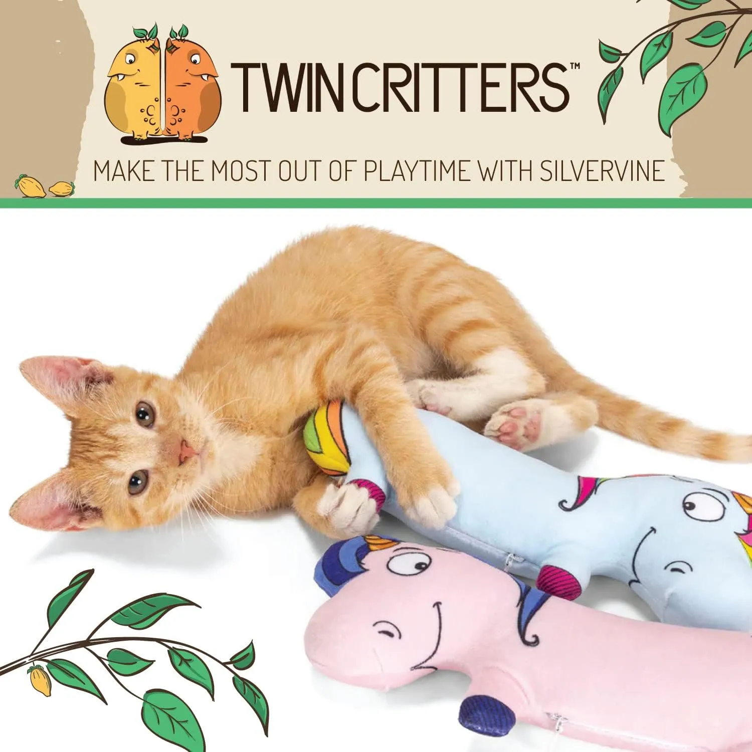 Unicorn 2-Pack Organic Catnip Substitute Toys for Cats & Kittens | 100% All-Natural Wild Harvested Silvervine | 2 Refillable Unicorn Plush Cat Toys