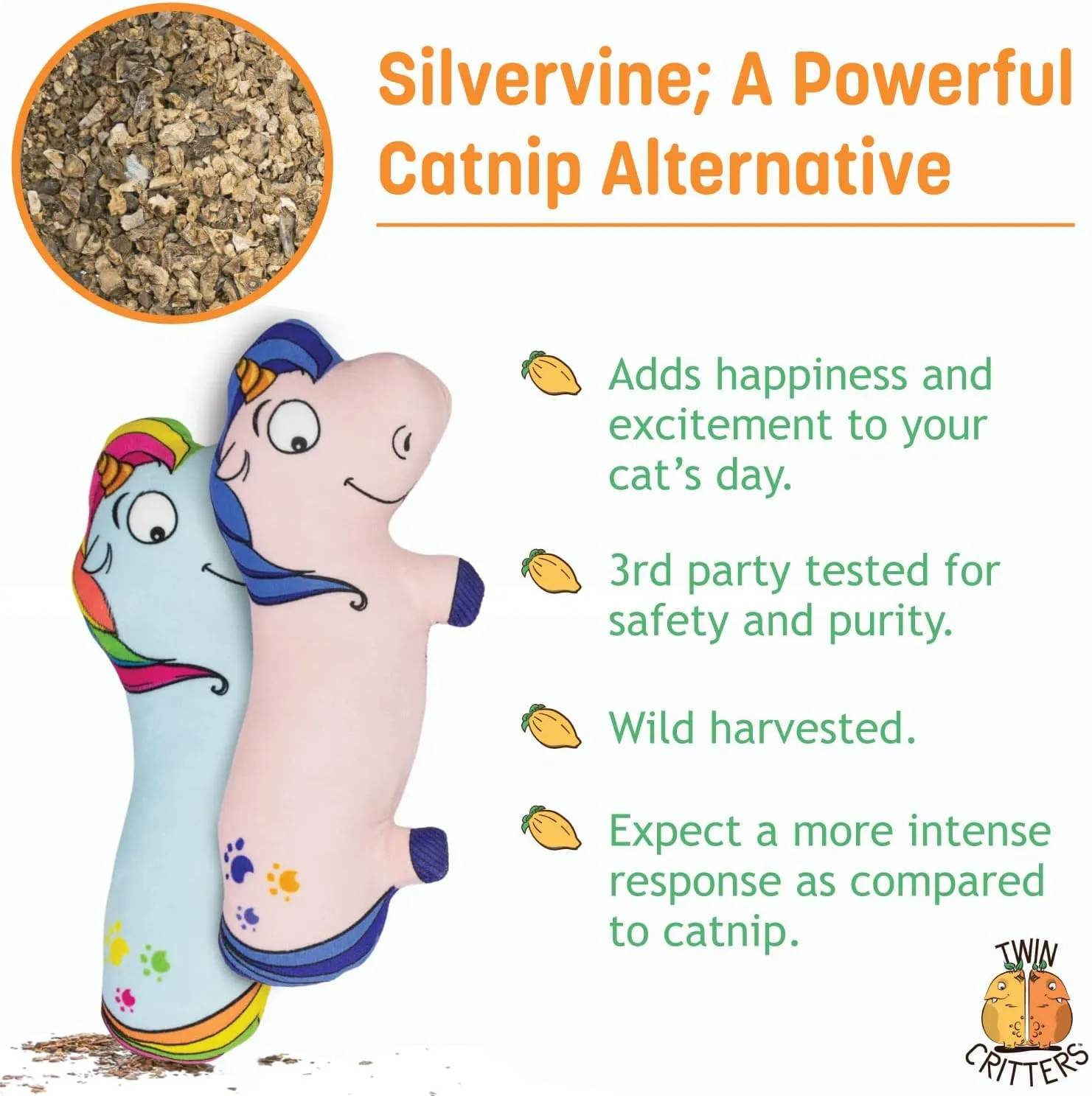 Unicorn 2-Pack Organic Catnip Substitute Toys for Cats & Kittens | 100% All-Natural Wild Harvested Silvervine | 2 Refillable Unicorn Plush Cat Toys