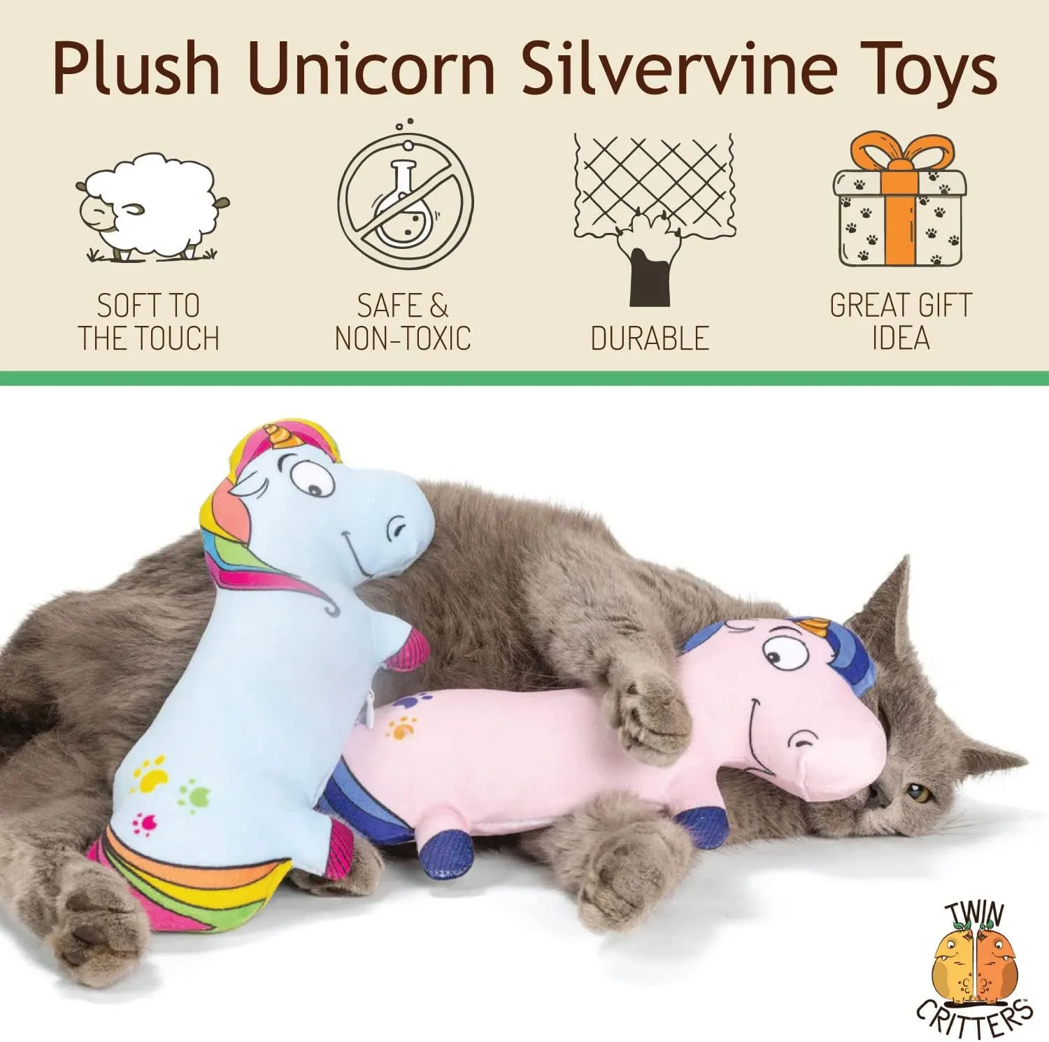 Unicorn 2-Pack Organic Catnip Substitute Toys for Cats & Kittens | 100% All-Natural Wild Harvested Silvervine | 2 Refillable Unicorn Plush Cat Toys