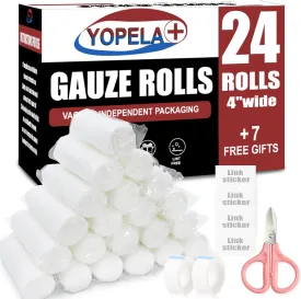Yopela Gauze Rolls 24 Pack, Individually Wrapped 4 in x 4.1 Yards, Premium Sterile Gauze Bandage for Wound Care, First Aid Conforming Stretch Bandages Latex Free for Pet Mummy Wraps Home Outside